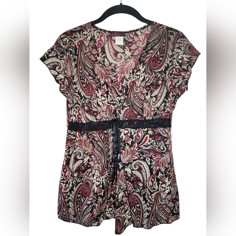 AGENDA Red & Black Paisley Print Blouse with Lace Tie, size L